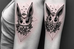 Eevee with flowers and a pocket watch reading 4:15 in neo traditional scrolls and artistic lines and dots tattoo idea