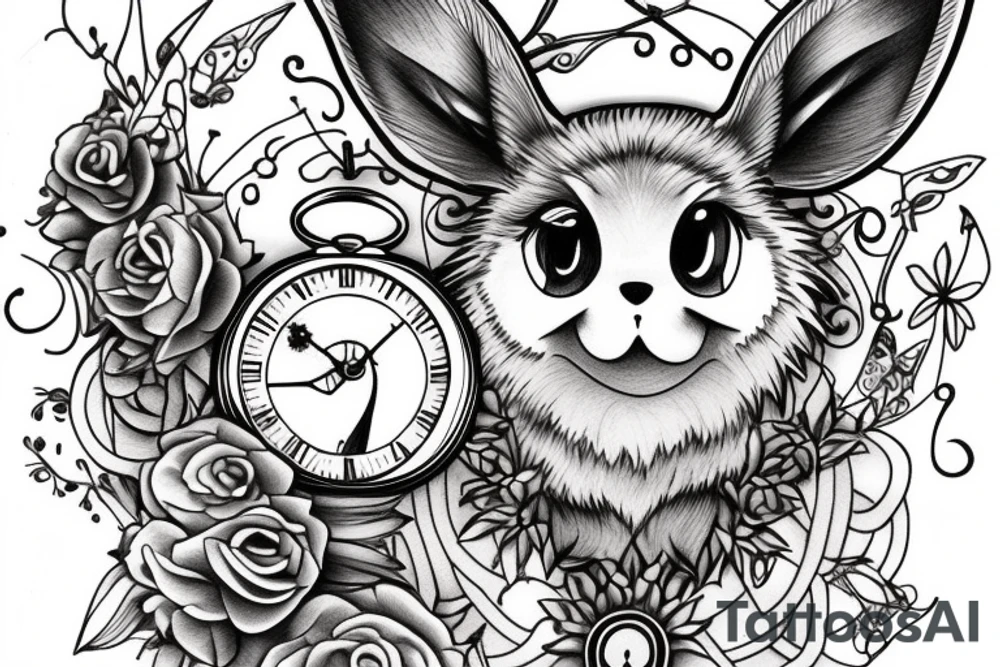 Eevee with flowers and a pocket watch reading 4:15 in neo traditional scrolls and artistic lines and dots. Watch chain wrapping around tattoo idea
