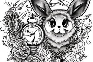 Eevee with flowers and a pocket watch reading 4:15 in neo traditional scrolls and artistic lines and dots. Watch chain wrapping around tattoo idea