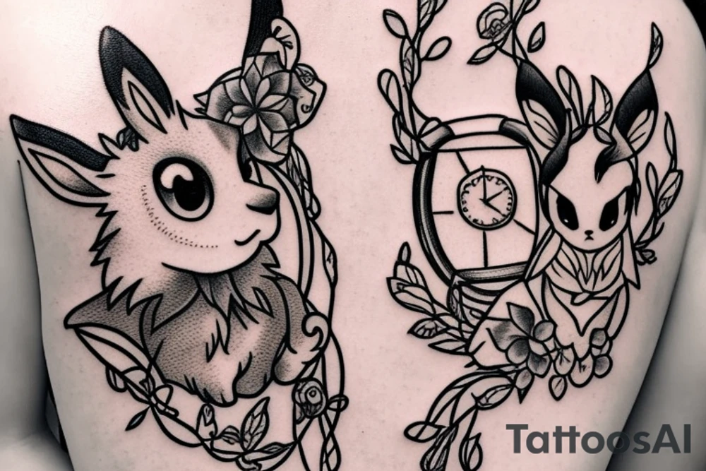 Eevee with flowers and a pocket watch reading 4:15 in neo traditional scrolls and artistic lines and dots. Watch chain wrapping around tattoo idea