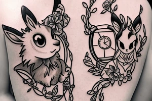 Eevee with flowers and a pocket watch reading 4:15 in neo traditional scrolls and artistic lines and dots. Watch chain wrapping around tattoo idea