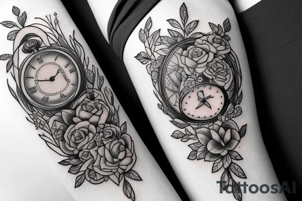 Eevee with flowers and a pocket watch reading 4:15 in neo traditional scrolls and artistic lines and dots. Watch chain wrapping around tattoo idea