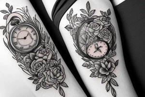 Eevee with flowers and a pocket watch reading 4:15 in neo traditional scrolls and artistic lines and dots. Watch chain wrapping around tattoo idea