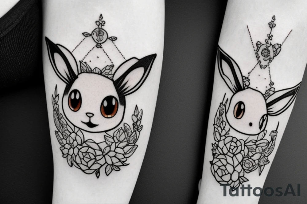 Eevee with flowers and a pocket watch reading 4:15 in neo traditional scrolls and artistic lines and dots. Watch chain wrapping around tattoo idea