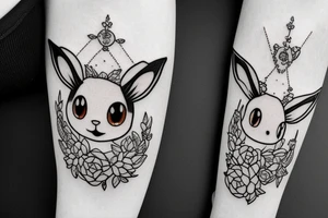 Eevee with flowers and a pocket watch reading 4:15 in neo traditional scrolls and artistic lines and dots. Watch chain wrapping around tattoo idea