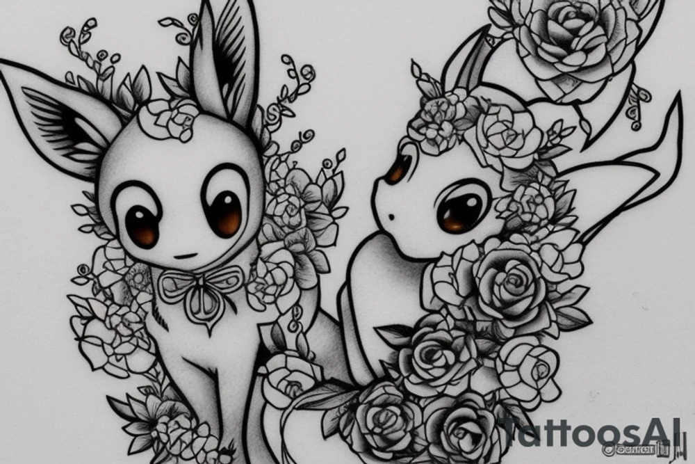 Eevee with flowers and a pocket watch reading 4:15 in neo traditional scrolls and artistic lines and dots. Watch chain wrapping around tattoo idea
