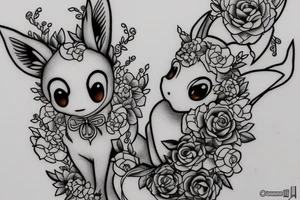 Eevee with flowers and a pocket watch reading 4:15 in neo traditional scrolls and artistic lines and dots. Watch chain wrapping around tattoo idea