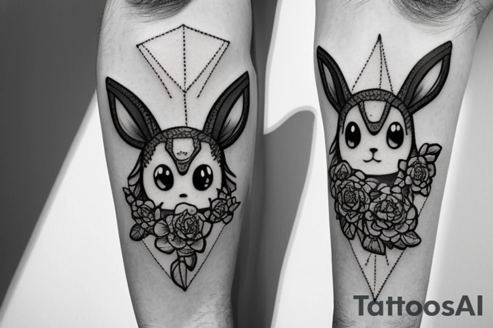 Eevee with flowers and a pocket watch reading 4:15 in neo traditional scrolls and artistic lines and dots. Watch chain wrapping around tattoo idea
