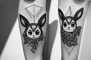Eevee with flowers and a pocket watch reading 4:15 in neo traditional scrolls and artistic lines and dots. Watch chain wrapping around tattoo idea
