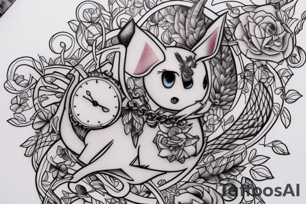 Eevee with flowers and a pocket watch reading 4:15 in neo traditional scrolls and artistic lines and dots. Watch chain wrapping around tattoo idea