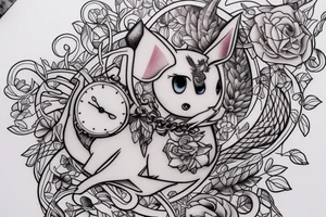 Eevee with flowers and a pocket watch reading 4:15 in neo traditional scrolls and artistic lines and dots. Watch chain wrapping around tattoo idea