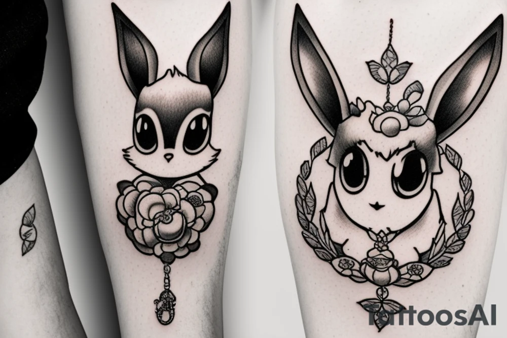 Eevee with flowers and a pocket watch reading 4:15 in neo traditional scrolls and artistic lines and dots. Watch chain wrapping around tattoo idea