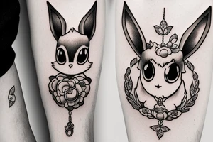 Eevee with flowers and a pocket watch reading 4:15 in neo traditional scrolls and artistic lines and dots. Watch chain wrapping around tattoo idea
