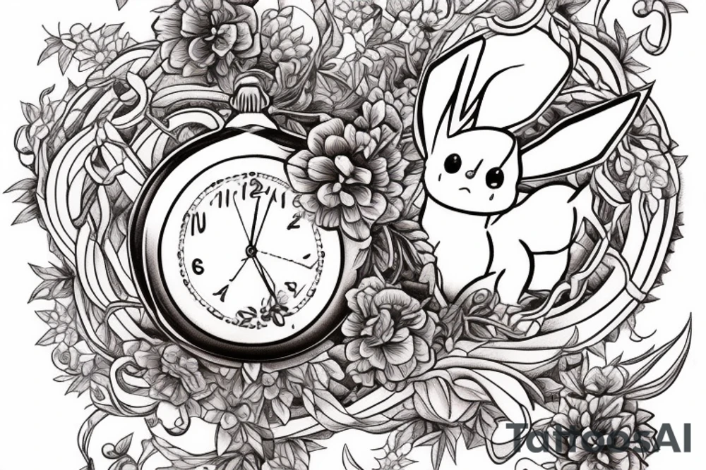 Eevee with flowers and a pocket watch reading 4:15 in neo traditional scrolls and artistic lines and dots. Watch chain wrapping around tattoo idea