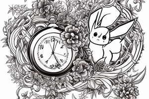 Eevee with flowers and a pocket watch reading 4:15 in neo traditional scrolls and artistic lines and dots. Watch chain wrapping around tattoo idea