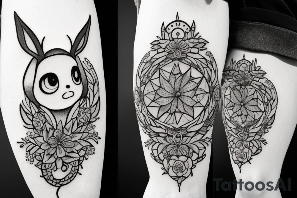 Eevee with flowers and a pocket watch reading 4:15 in neo traditional scrolls and artistic lines and dots. Watch chain wrapping around tattoo idea