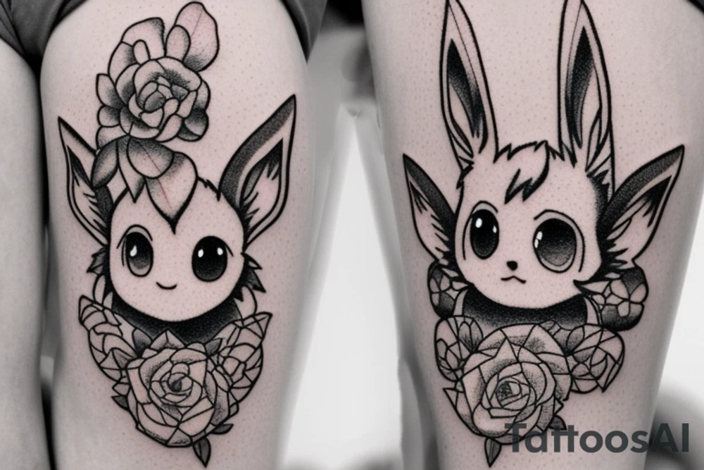 Eevee with flowers and a pocket watch reading 4:15 in neo traditional scrolls and artistic lines and dots. Watch chain wrapping around tattoo idea