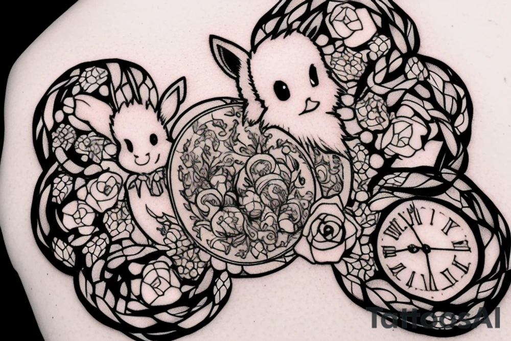 Eevee with flowers and a pocket watch reading 4:15 in neo traditional scrolls and artistic lines and dots. Watch chain wrapping around tattoo idea