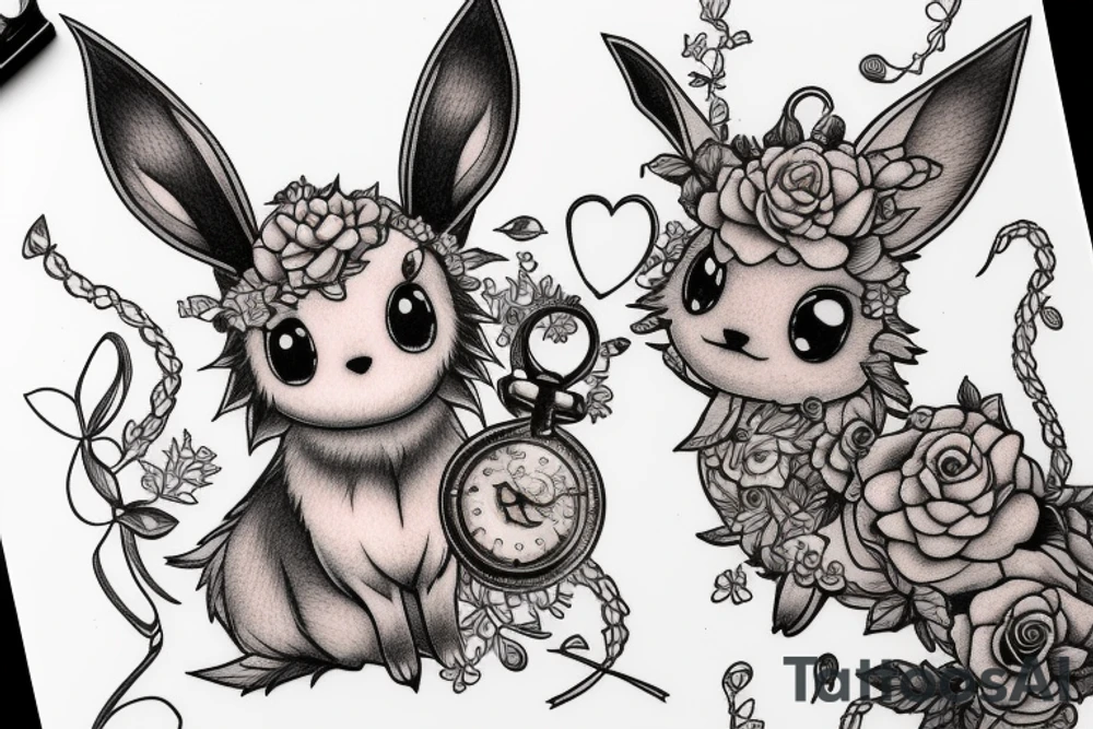 Eevee with flowers and a pocket watch reading 4:15 in neo traditional scrolls and artistic lines and dots. Watch chain wrapping around tattoo idea