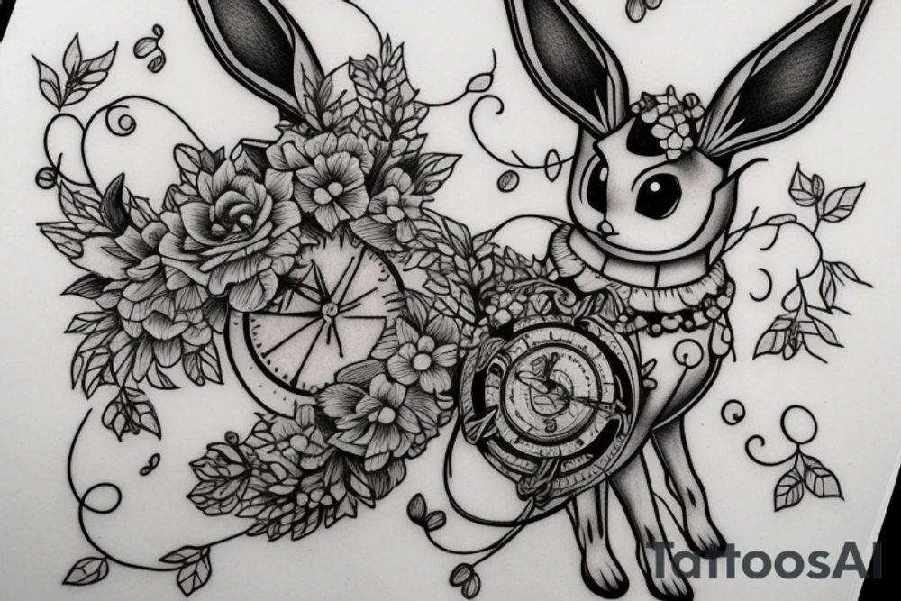Eevee with flowers and a pocket watch reading 4:15 in neo traditional scrolls and artistic lines and dots. Watch chain wrapping around tattoo idea