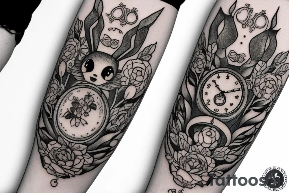 Eevee with flowers and a pocket watch reading 4:15 in neo traditional scrolls and artistic lines and dots. Watch chain wrapping around tattoo idea