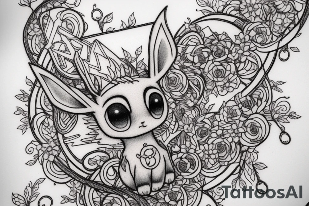 Eevee with flowers and a pocket watch reading 4:15 in neo traditional scrolls and artistic lines and dots. Watch chain wrapping around tattoo idea