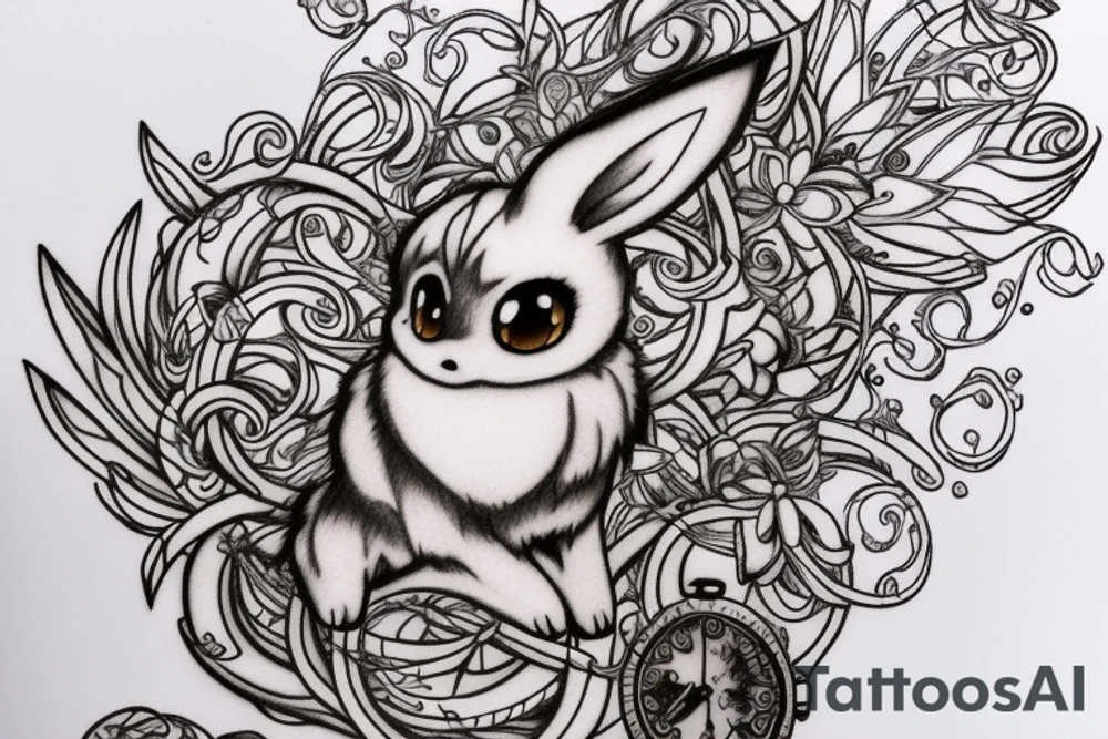 Eevee with flowers and a pocket watch reading 4:15 in neo traditional scrolls and artistic lines and dots. Watch chain wrapping around tattoo idea