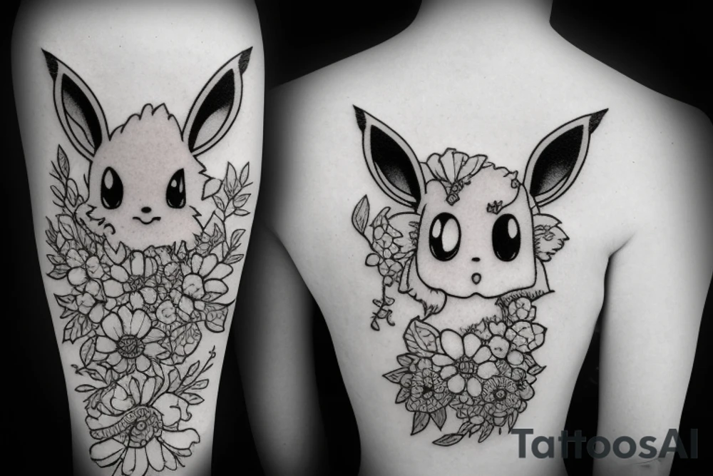 Eevee with flowers and a pocket watch reading 4:15 in neo traditional scrolls and artistic lines and dots. Watch chain wrapping around tattoo idea
