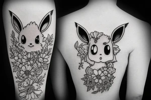 Eevee with flowers and a pocket watch reading 4:15 in neo traditional scrolls and artistic lines and dots. Watch chain wrapping around tattoo idea