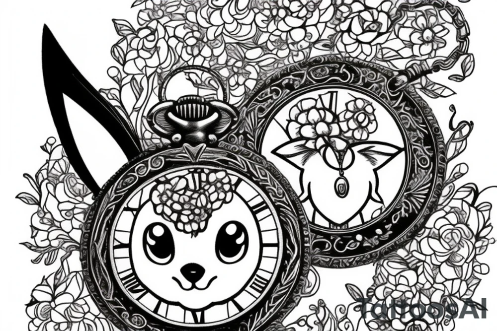 Eevee with flowers and a pocket watch reading 4:15 in neo traditional scrolls and artistic lines and dots. Watch chain wrapping around tattoo idea