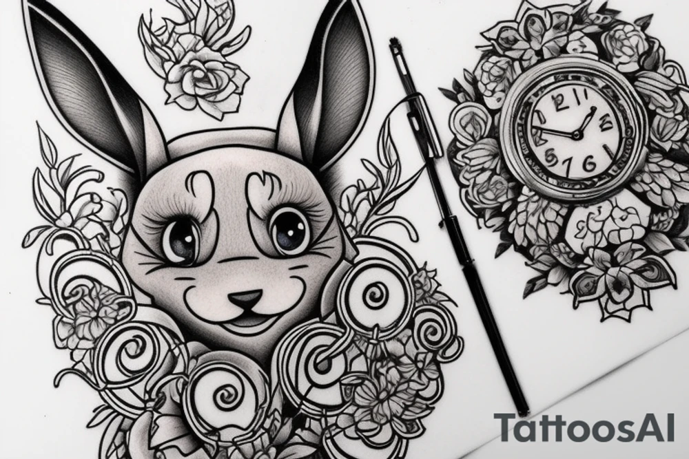 Eevee with flowers and a pocket watch reading 4:15 in neo traditional scrolls and artistic lines and dots. Watch chain wrapping around tattoo idea