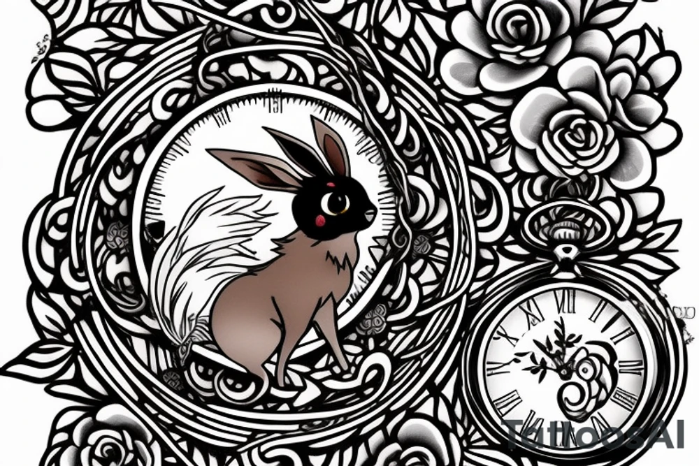 Eevee with flowers and a pocket watch reading 4:15 in neo traditional scrolls and artistic lines and dots. Watch chain wrapping around tattoo idea
