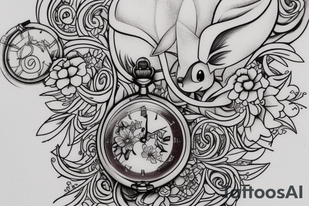 Eevee with flowers and a pocket watch reading 4:15 in neo traditional scrolls and artistic lines and dots. Watch chain wrapping around tattoo idea