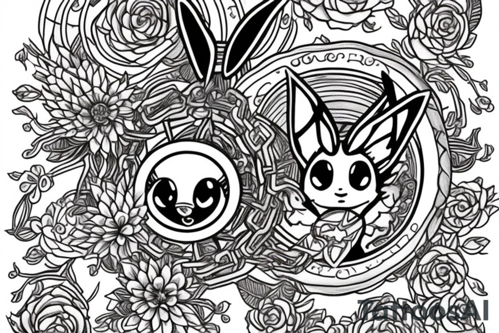 Eevee with flowers and a pocket watch reading 4:15 in neo traditional scrolls and artistic lines and dots. Watch chain wrapping around tattoo idea