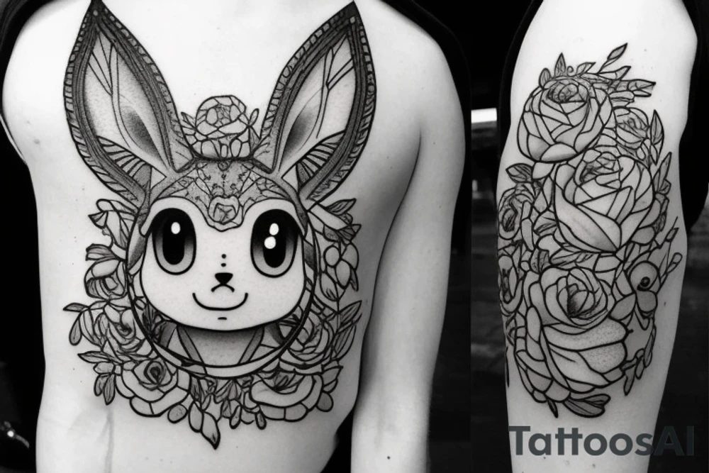Eevee with flowers and a pocket watch reading 4:15 in neo traditional scrolls and artistic lines and dots. Watch chain wrapping around tattoo idea