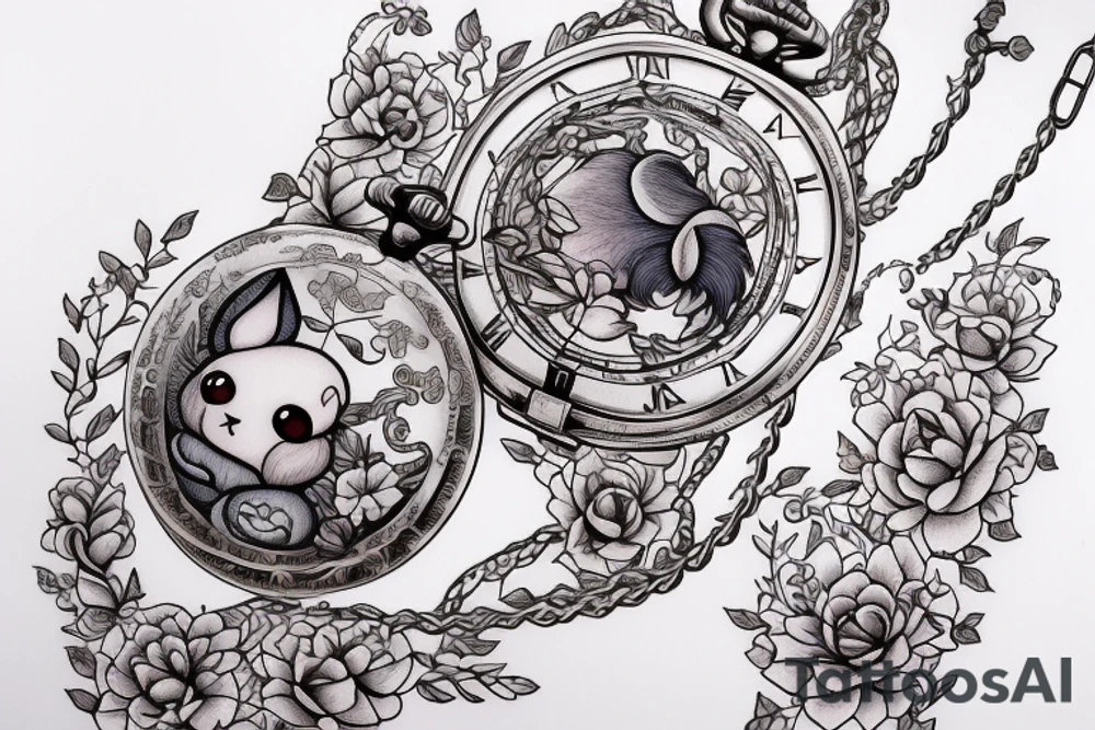 Eevee with flowers and a pocket watch reading 4:15 in neo traditional scrolls and artistic lines and dots. Watch chain wrapping around tattoo idea
