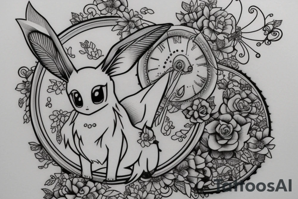 Eevee with flowers and a pocket watch reading 4:15 in neo traditional scrolls and artistic lines and dots. Watch chain wrapping around tattoo idea