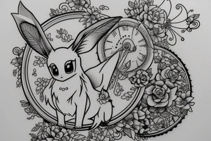 Eevee with flowers and a pocket watch reading 4:15 in neo traditional scrolls and artistic lines and dots. Watch chain wrapping around tattoo idea