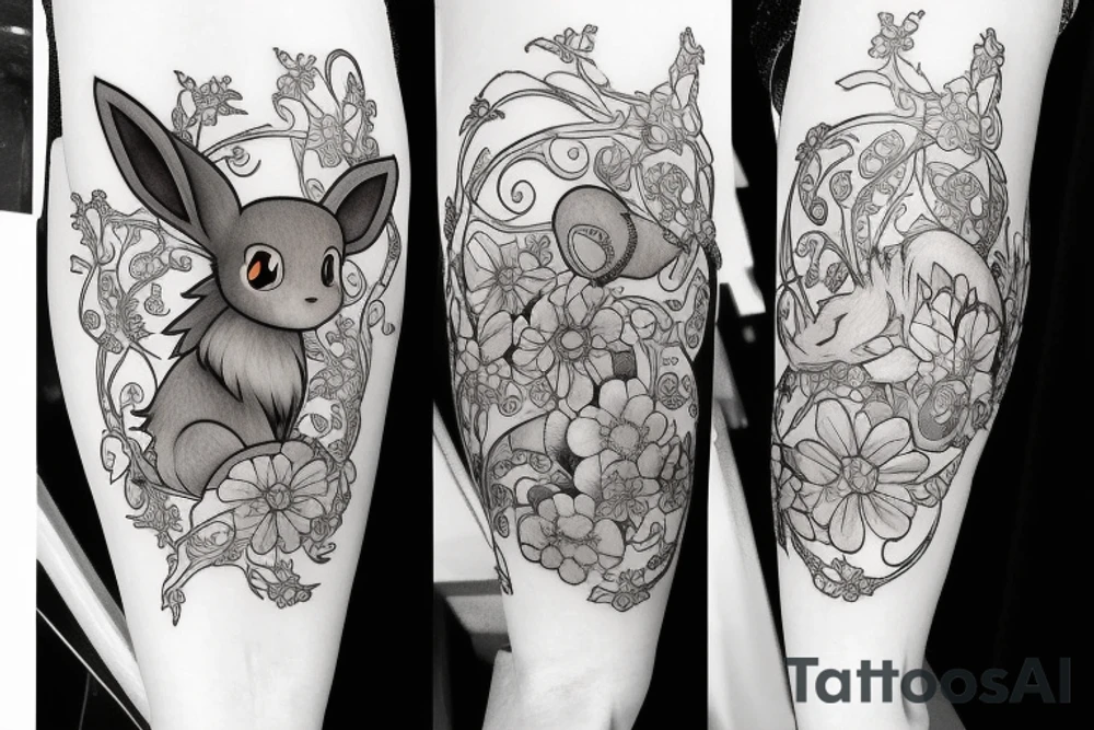 Eevee with flowers and a pocket watch reading 4:15 in neo traditional scrolls and artistic lines and dots. Watch chain wrapping around. Arm piece tattoo idea