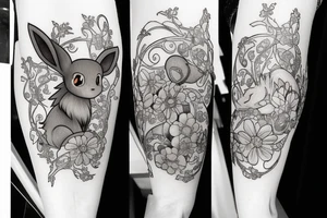 Eevee with flowers and a pocket watch reading 4:15 in neo traditional scrolls and artistic lines and dots. Watch chain wrapping around. Arm piece tattoo idea