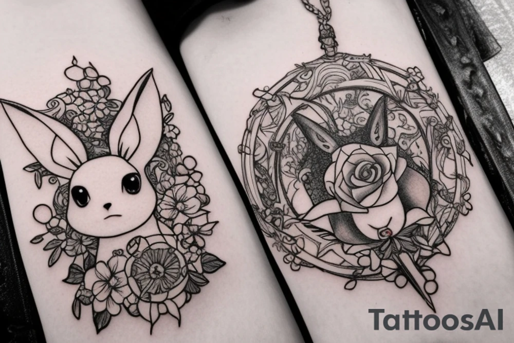 Eevee with flowers and a pocket watch reading 4:15 in neo traditional scrolls and artistic lines and dots. Watch chain wrapping around. Arm piece tattoo idea