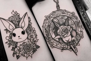 Eevee with flowers and a pocket watch reading 4:15 in neo traditional scrolls and artistic lines and dots. Watch chain wrapping around. Arm piece tattoo idea
