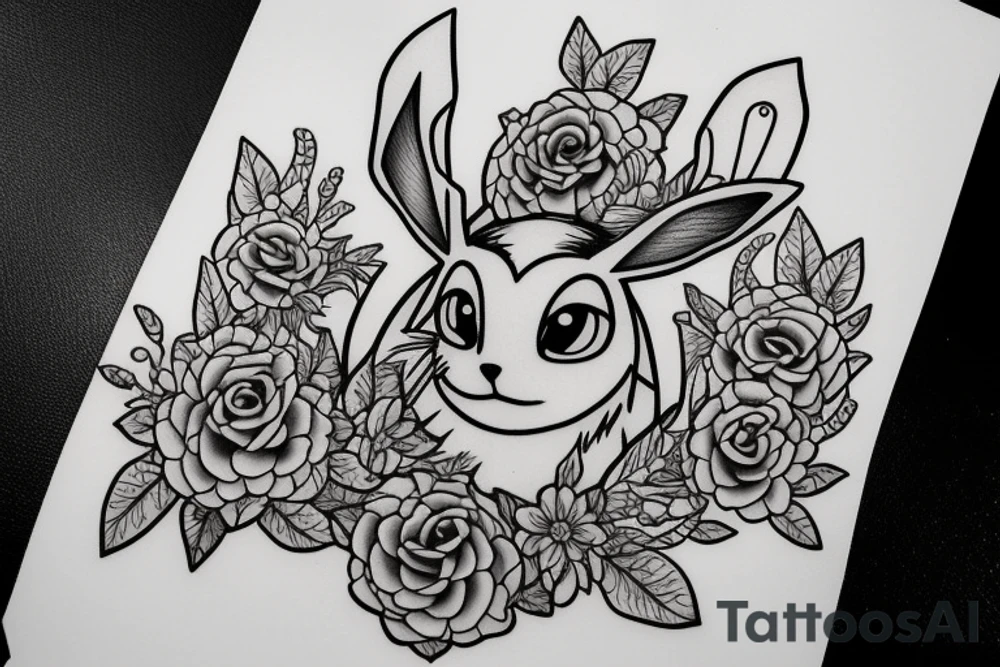 Eevee with flowers and a pocket watch reading 4:15 in neo traditional scrolls and artistic lines and dots. Watch chain wrapping around. Arm piece tattoo idea
