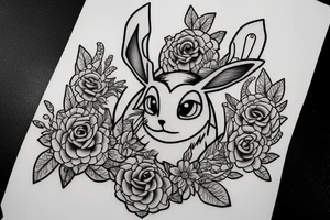 Eevee with flowers and a pocket watch reading 4:15 in neo traditional scrolls and artistic lines and dots. Watch chain wrapping around. Arm piece tattoo idea