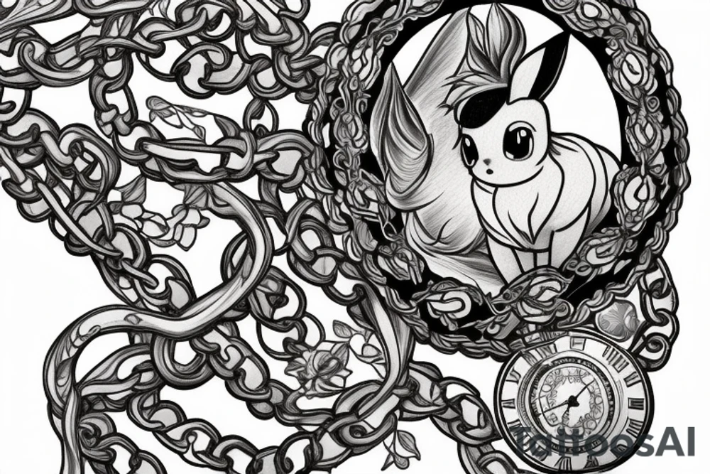 Eevee with flowers and a pocket watch reading 4:15 in neo traditional scrolls and artistic lines and dots. Watch chain wrapping around. Arm piece tattoo idea
