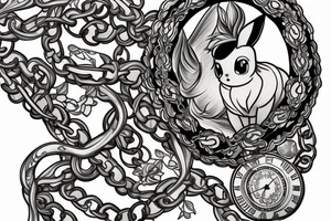 Eevee with flowers and a pocket watch reading 4:15 in neo traditional scrolls and artistic lines and dots. Watch chain wrapping around. Arm piece tattoo idea