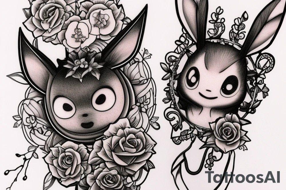 Eevee with flowers and a pocket watch reading 4:15 in neo traditional scrolls and artistic lines and dots. Watch chain wrapping around. Arm piece tattoo idea