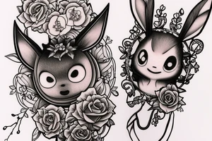 Eevee with flowers and a pocket watch reading 4:15 in neo traditional scrolls and artistic lines and dots. Watch chain wrapping around. Arm piece tattoo idea