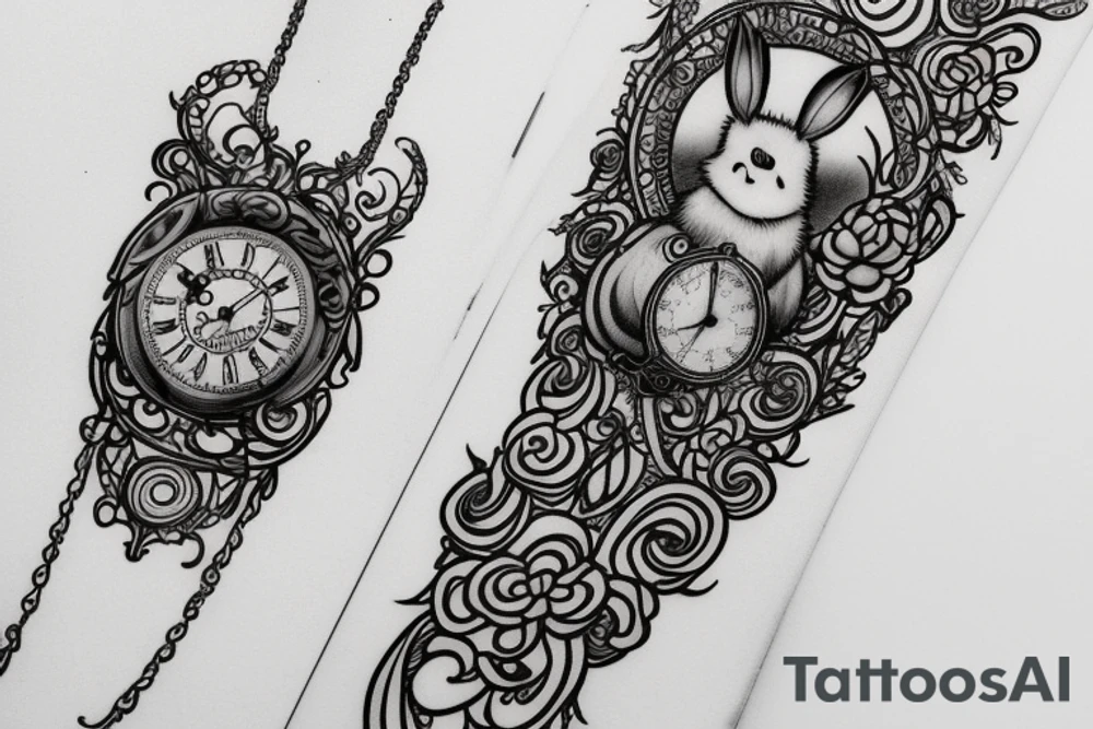Eevee with flowers and a pocket watch reading 4:15 in neo traditional scrolls and artistic lines and dots. Watch chain wrapping around. Arm piece tattoo idea