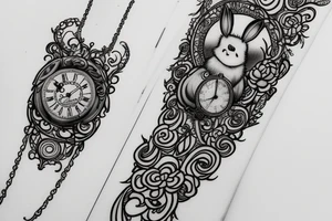 Eevee with flowers and a pocket watch reading 4:15 in neo traditional scrolls and artistic lines and dots. Watch chain wrapping around. Arm piece tattoo idea
